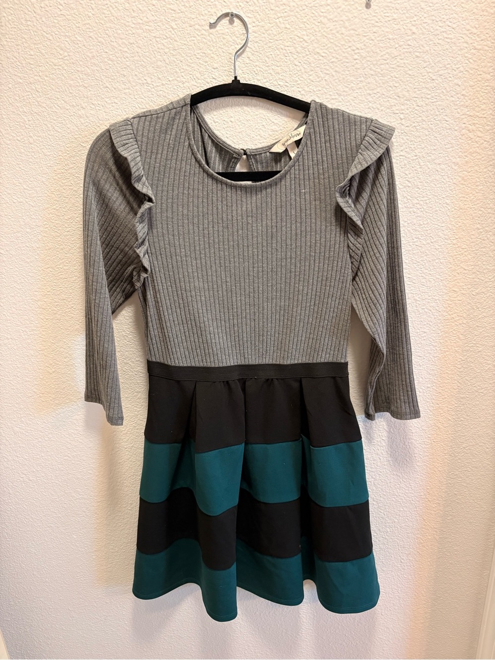 Speechless Gray Ribbed Top with Teal and Black Striped Skirt
